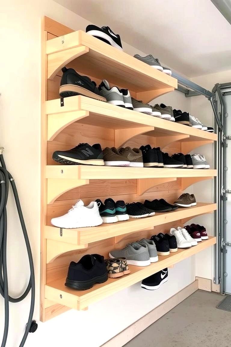 24 Garage Shoe Storage Ideas: Organize & Reclaim Space 16 Angled Shoe Display Shelves - 24 Garage Shoe Storage Ideas