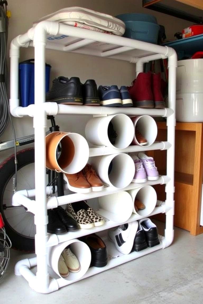 24 Garage Shoe Storage Ideas: Organize & Reclaim Space 10 DIY PVC Pipe Shoe Rack - 24 Garage Shoe Storage Ideas