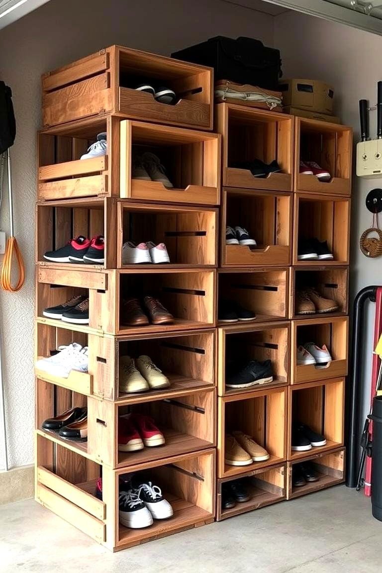 24 Garage Shoe Storage Ideas: Organize & Reclaim Space 22 DIY Wooden Crate Shoe Storage - 24 Garage Shoe Storage Ideas