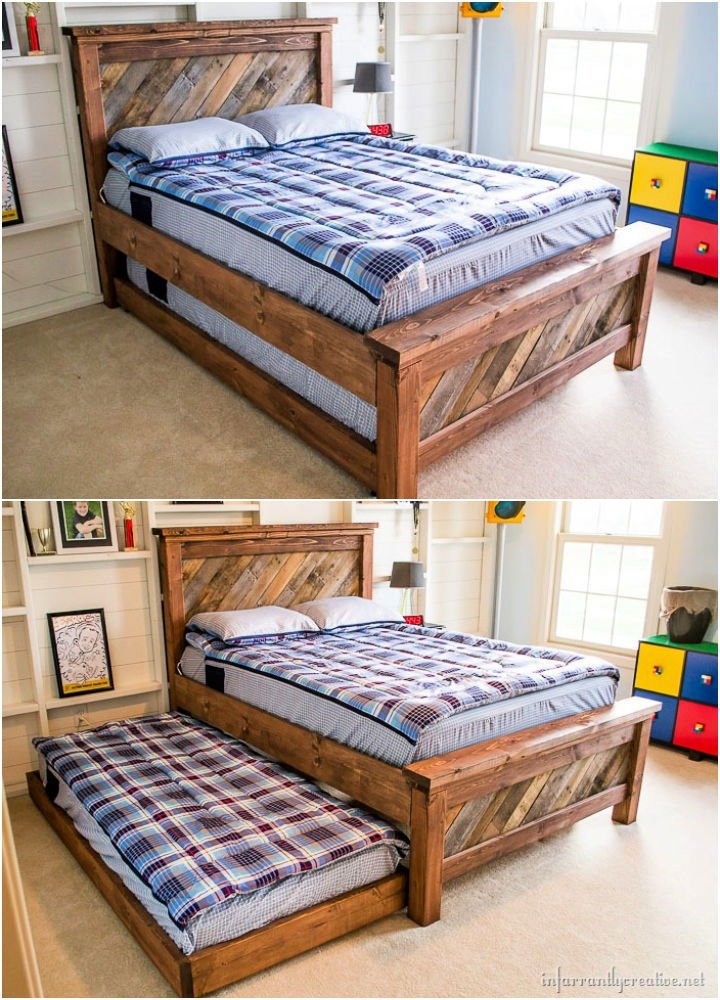 DIY Pallet Bed Frame Ideas: 30 Ideas & Step-by-Step Guide 13 Farmhouse Pallet Bed With Rolling Trundle