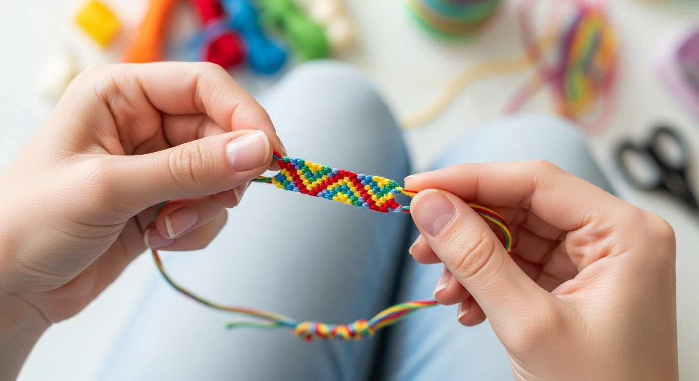 Close-up of colorful friendship bracelets being made with embroidery floss.