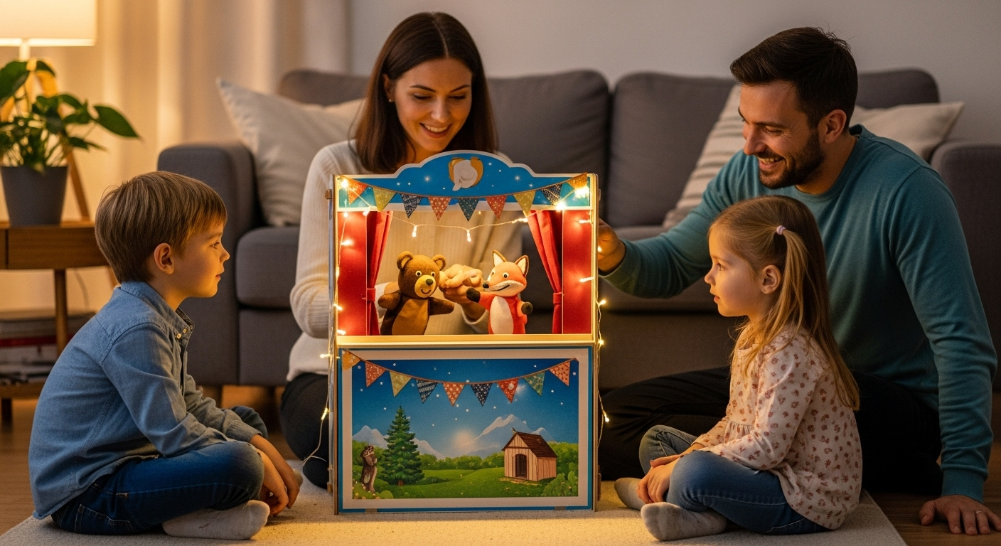 A colorful DIY puppet theater made from painted wooden crates, featuring a red curtain and decorative lettering.