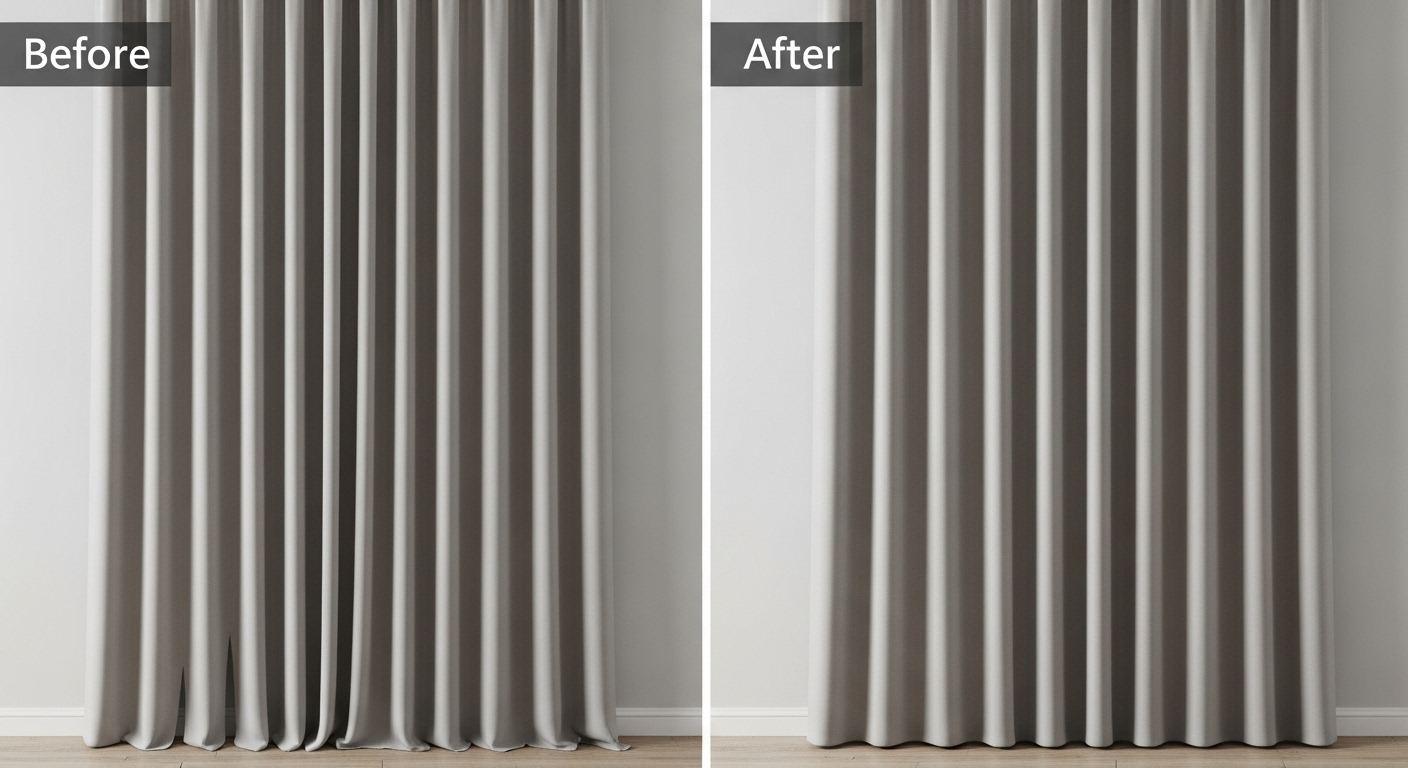 Close-up of hands sewing DIY curtain weights with fabric and coins.