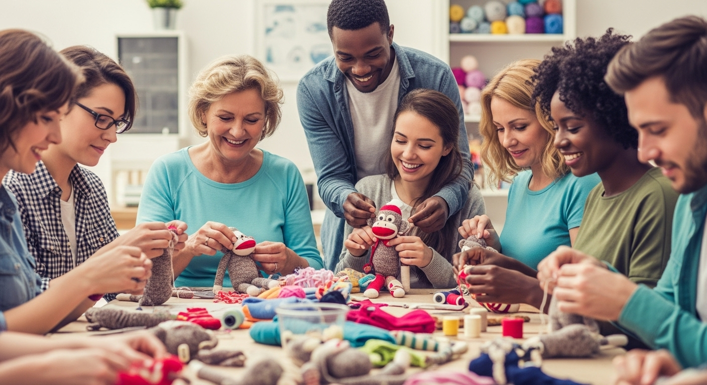 A classic sock monkey sits upright, showcasing its red heel mouth and button eyes.
