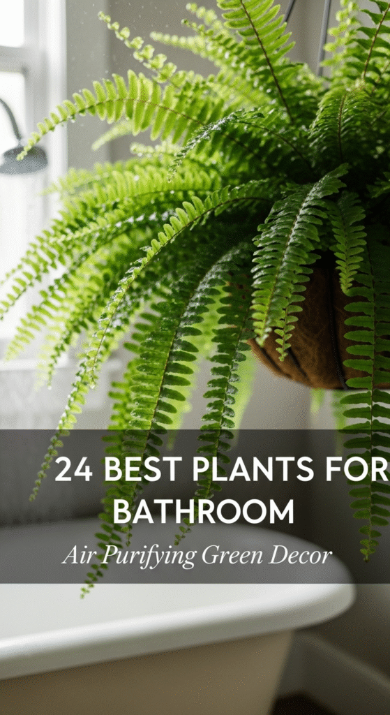24 Best Plants for Bathroom: Air Purifying Green Decor 1 A variety of lush green plants arranged in a bright bathroom setting.