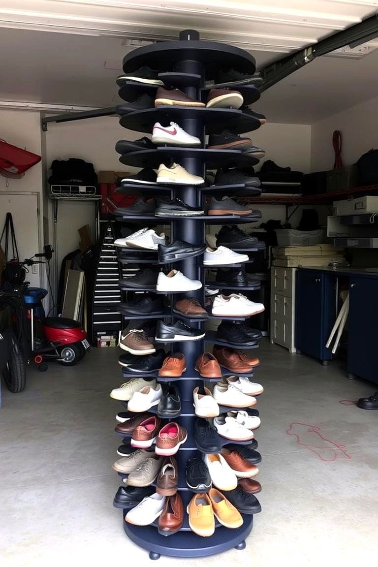 24 Garage Shoe Storage Ideas: Organize & Reclaim Space 15 Rotating Shoe Tower - 24 Garage Shoe Storage Ideas
