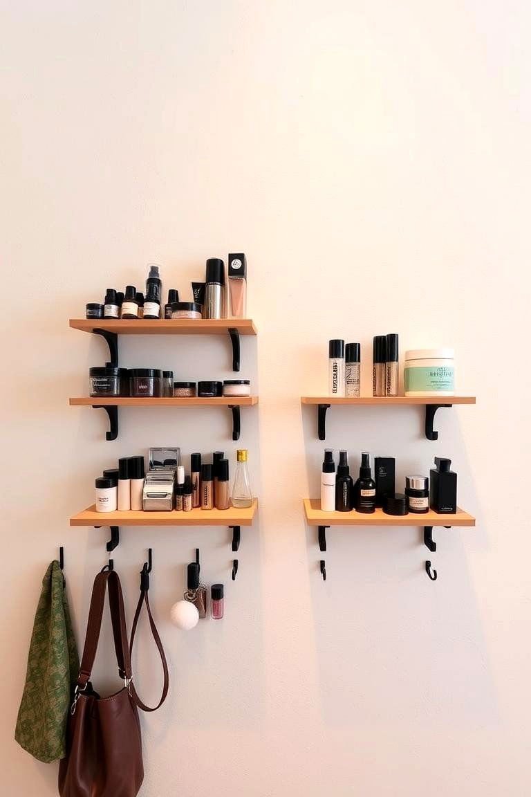 Vanity Organization Ideas: 24 Clutter-Free Solutions 10 Wall Mounted Shelves with Hooks - 24 vanity organization ideas