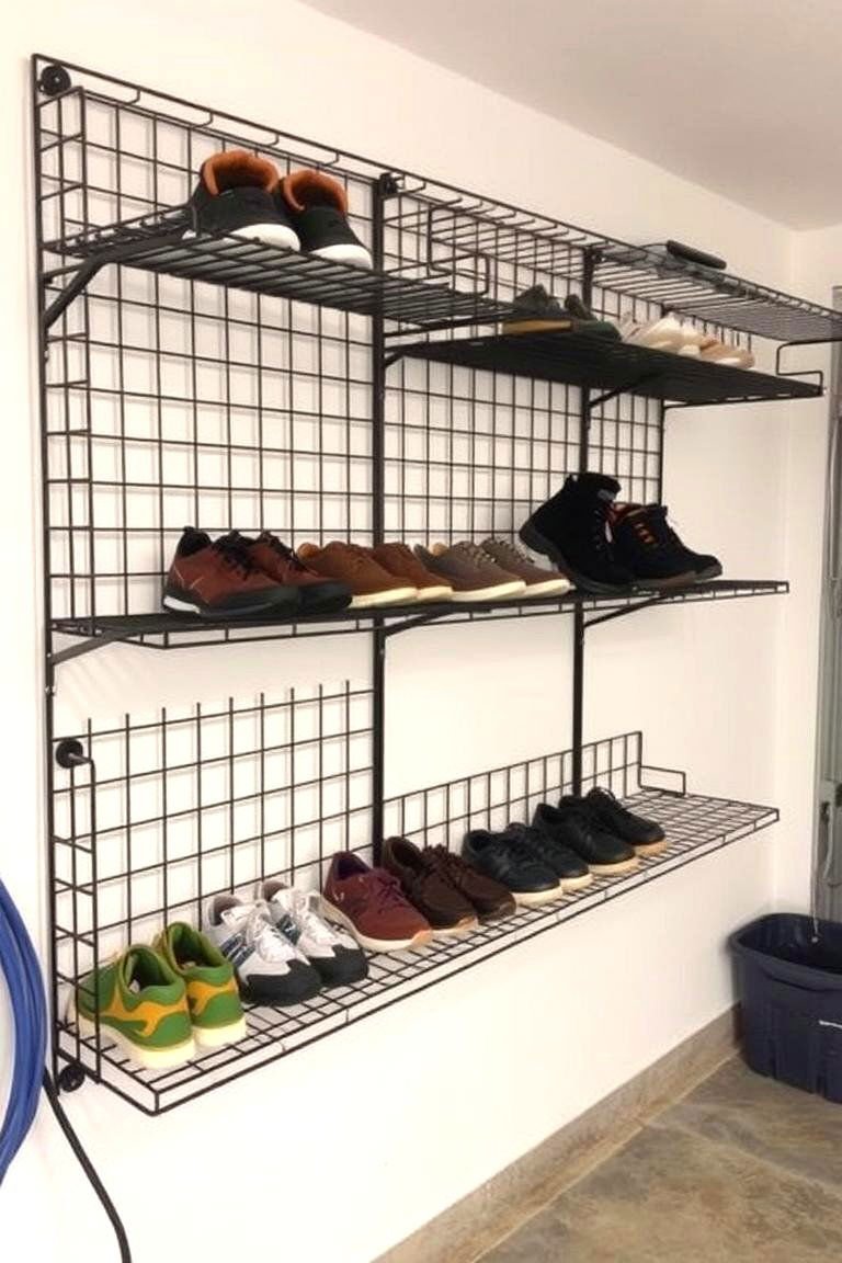 24 Garage Shoe Storage Ideas: Organize & Reclaim Space 11 Wire Grid Shoe Shelves - 24 Garage Shoe Storage Ideas