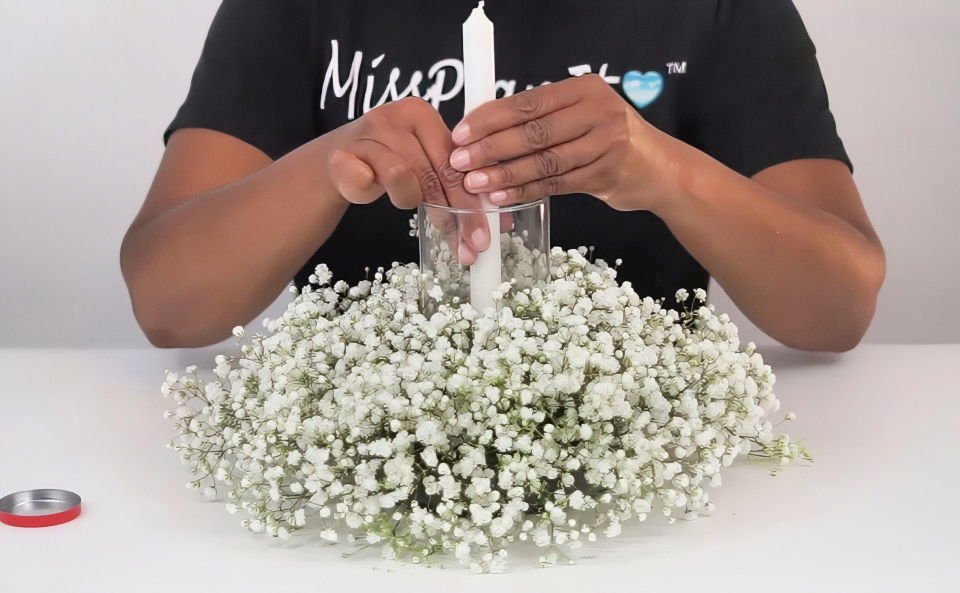 Make a Baby's Breath Centerpiece DIY in Minutes 4 adding the candle
