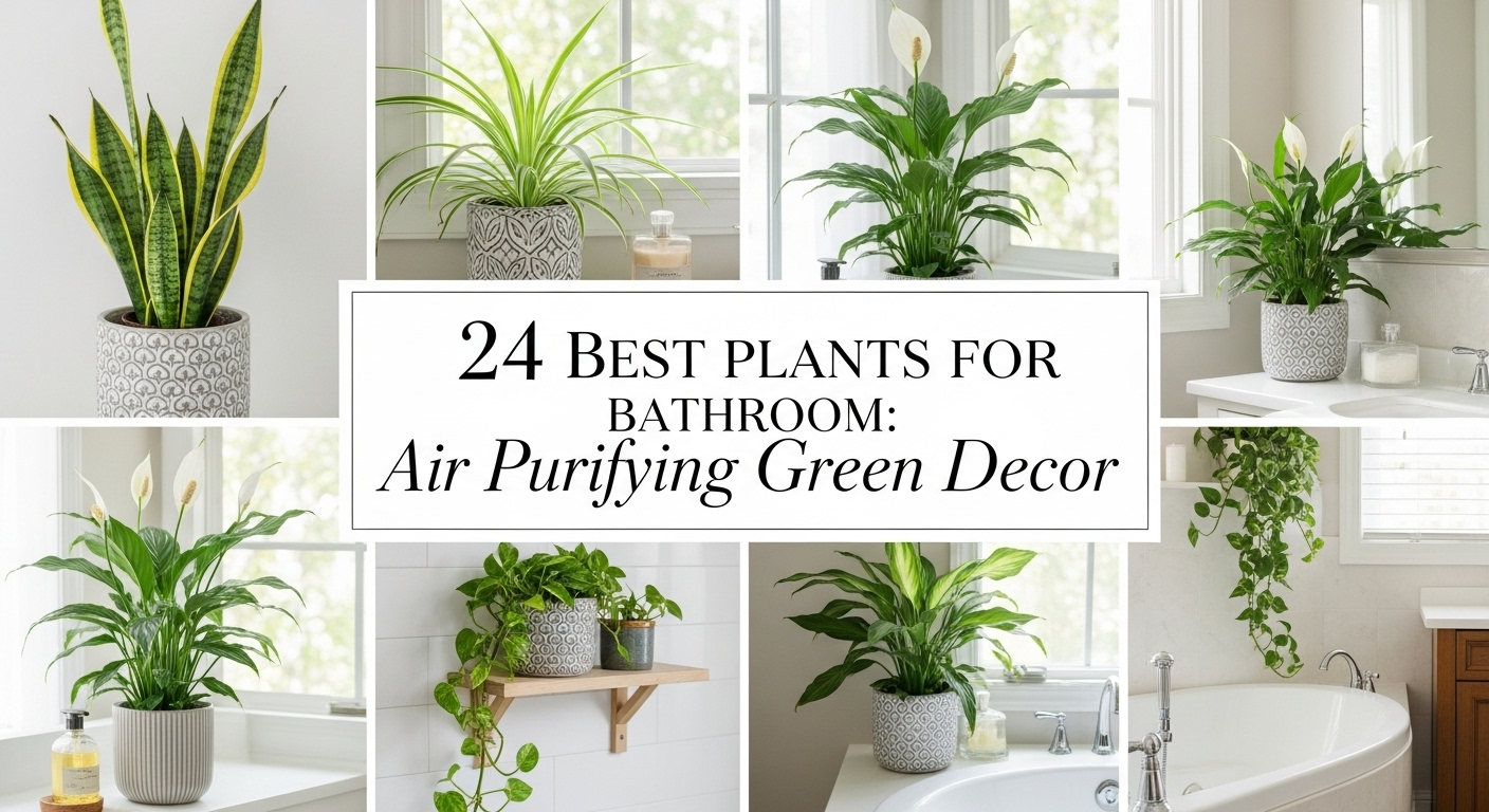 A variety of lush green plants arranged in a bright bathroom setting.