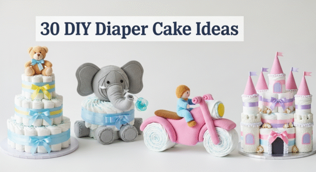 A three-tiered diaper cake decorated with ribbon and baby items.