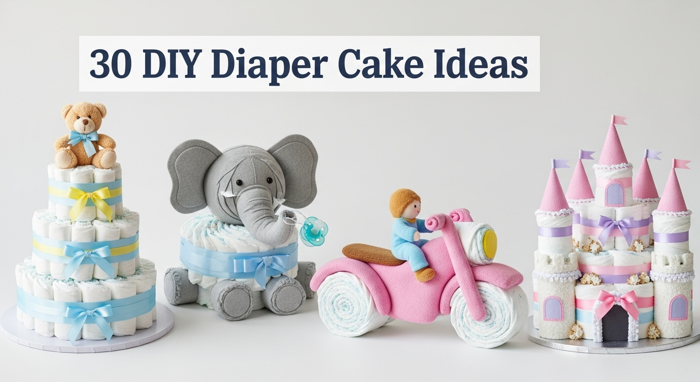 A three-tiered diaper cake decorated with ribbon and baby items.