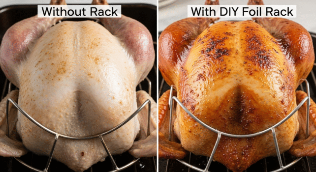one side showing a turkey cooked without a rack (uneven browning), and the other side showing a turkey cooked with the DIY rack (even browning). DIY roasting rack