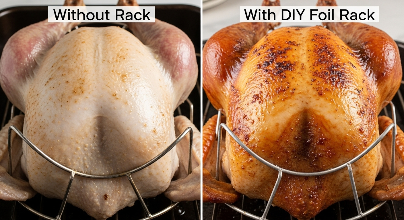 one side showing a turkey cooked without a rack (uneven browning), and the other side showing a turkey cooked with the DIY rack (even browning). DIY roasting rack