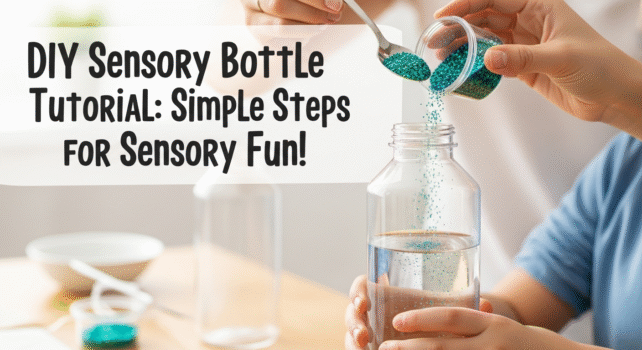 Colorful homemade sensory bottle with glitter and water beads.