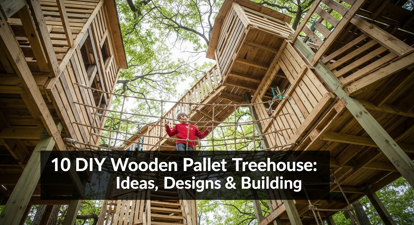 Rustic wooden pallet treehouse nestled among green tree branches.