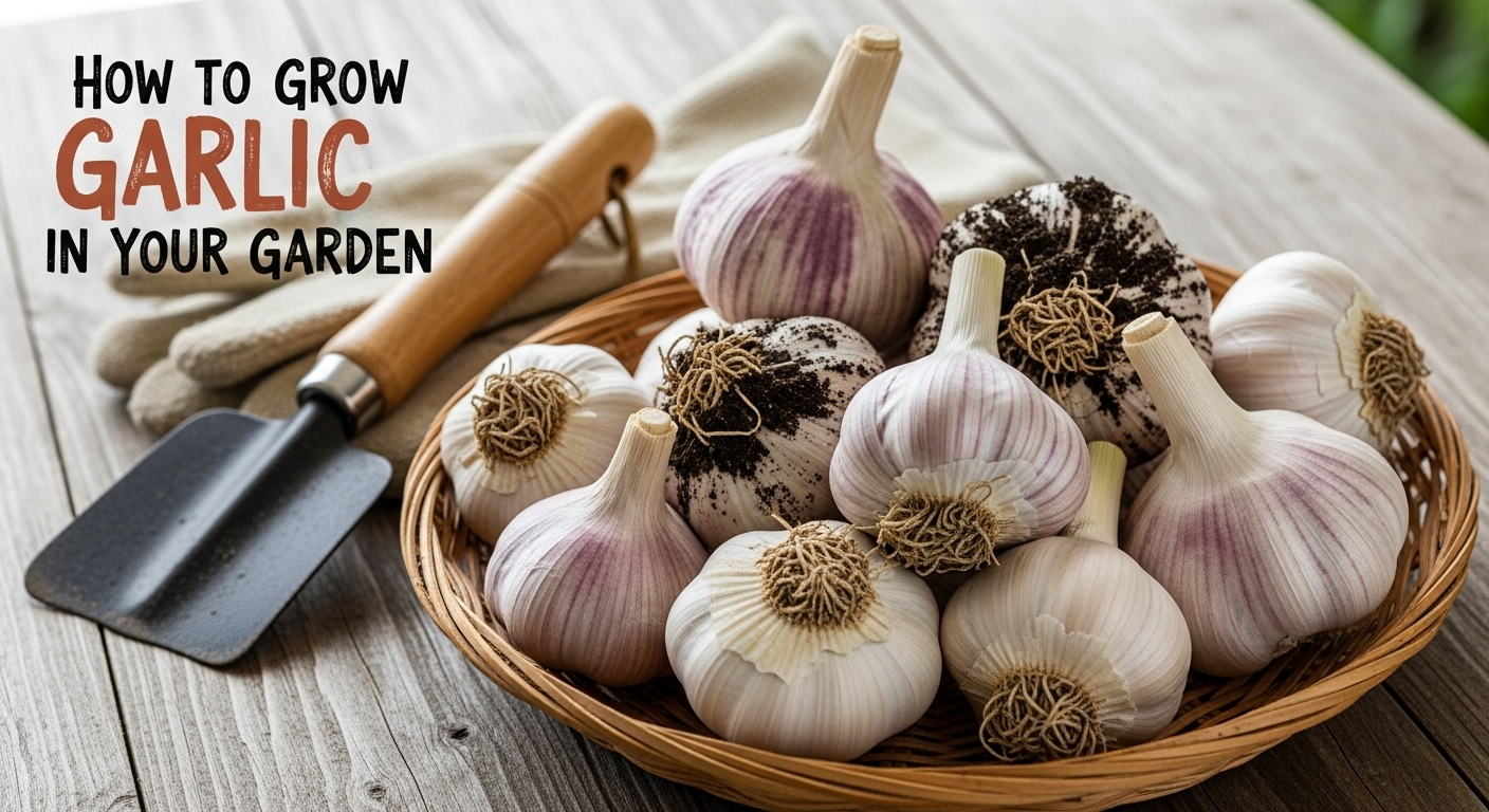 Close-up of freshly harvested garlic bulbs with soil clinging to the roots.