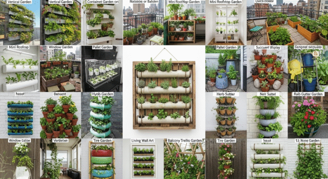 A vibrant collection of various urban garden ideas showcasing plants and greenery in a city setting.