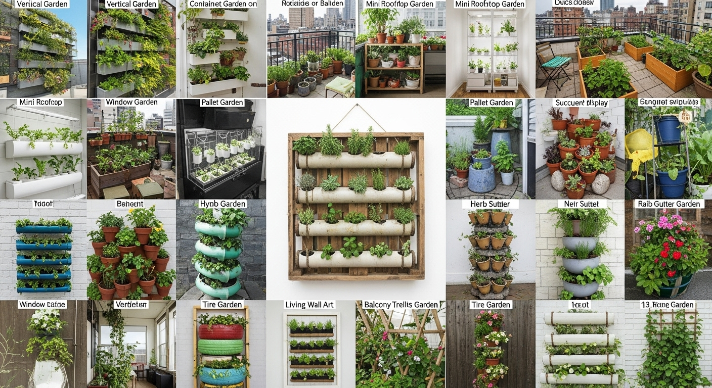 A vibrant collection of various urban garden ideas showcasing plants and greenery in a city setting.
