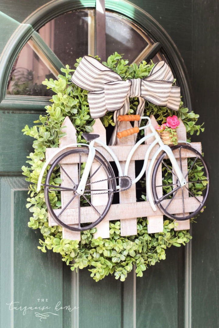 25 DIY Spring Wreath Ideas for Door (How to Make) 12 Boxwood and Bicycle Spring Wreath