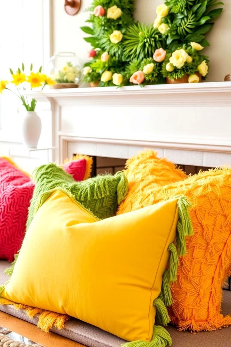 24 Spring Mantel Decor Ideas: Fresh Seasonal Displays 7 Brightly Colored Throw Pillows - 24 Spring Mantel Decor Ideas