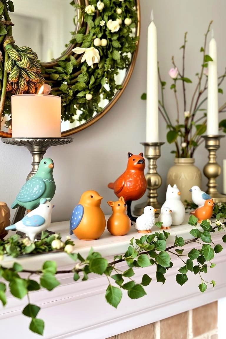 24 Spring Mantel Decor Ideas: Fresh Seasonal Displays 12 Ceramic Birds and Animals - 24 Spring Mantel Decor Ideas