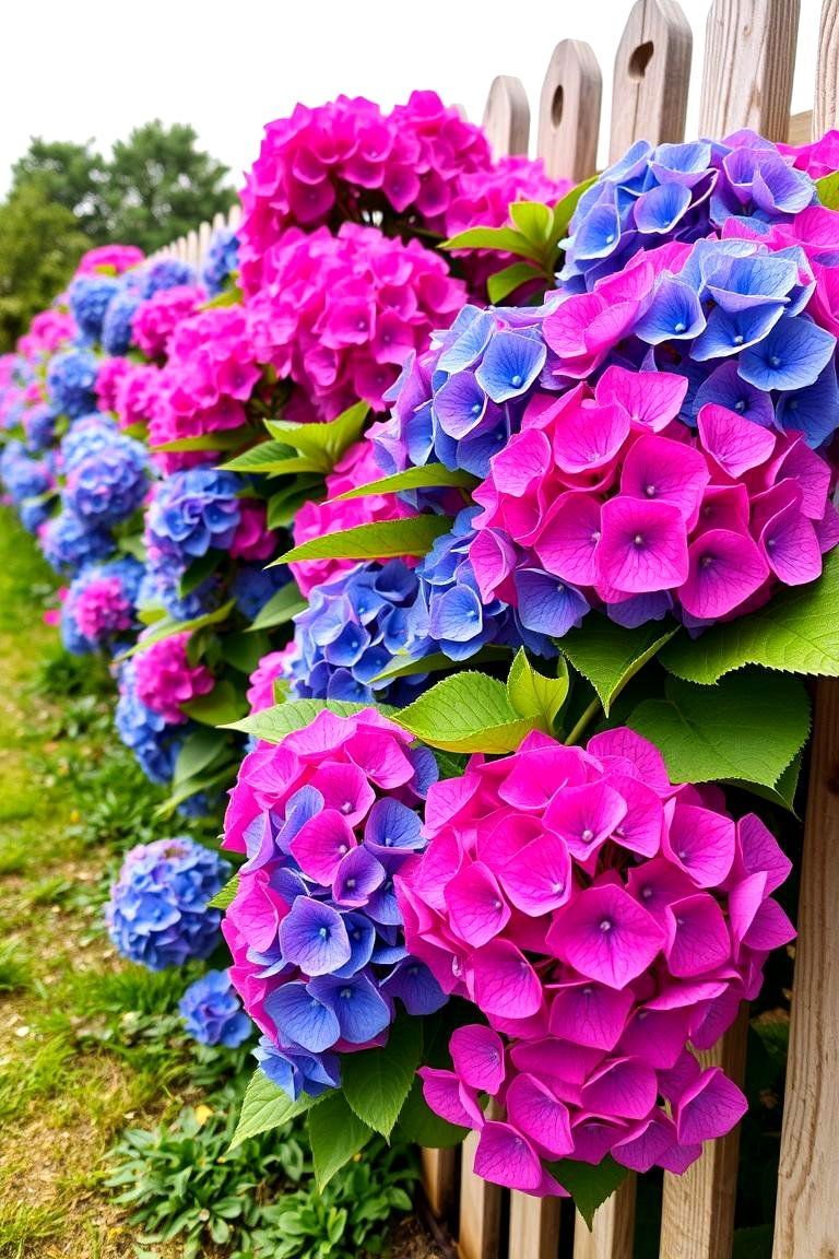 24 Simple Fence Line Landscaping Ideas for Curb Appeal 9 Colorful Hydrangea Border - 24 Simple Fence Line Landscaping Ideas