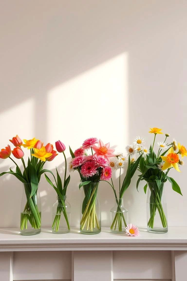24 Spring Mantel Decor Ideas: Fresh Seasonal Displays 2 Fresh Flowers in Glass Vases - 24 Spring Mantel Decor Ideas