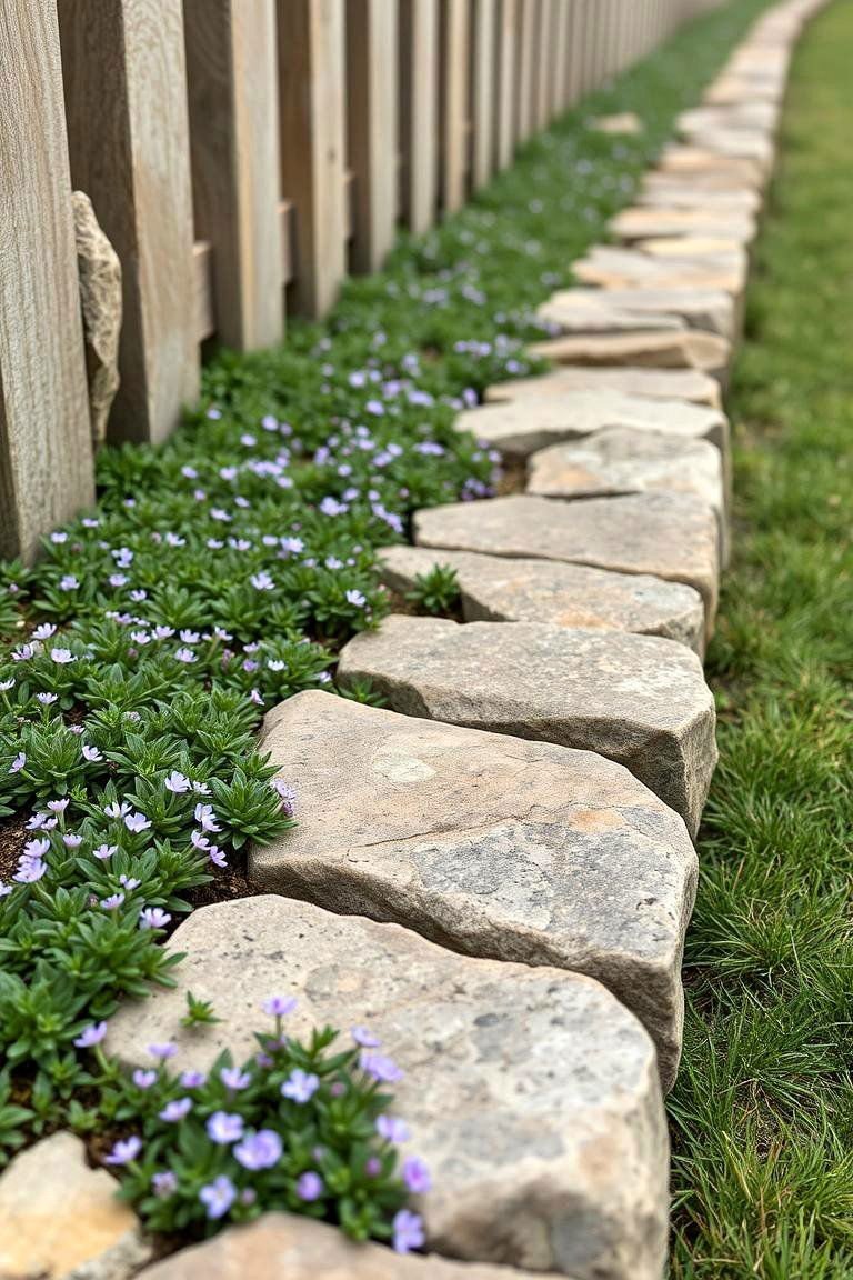24 Simple Fence Line Landscaping Ideas for Curb Appeal 10 Natural Stone Edging with Groundcover - 24 Simple Fence Line Landscaping Ideas