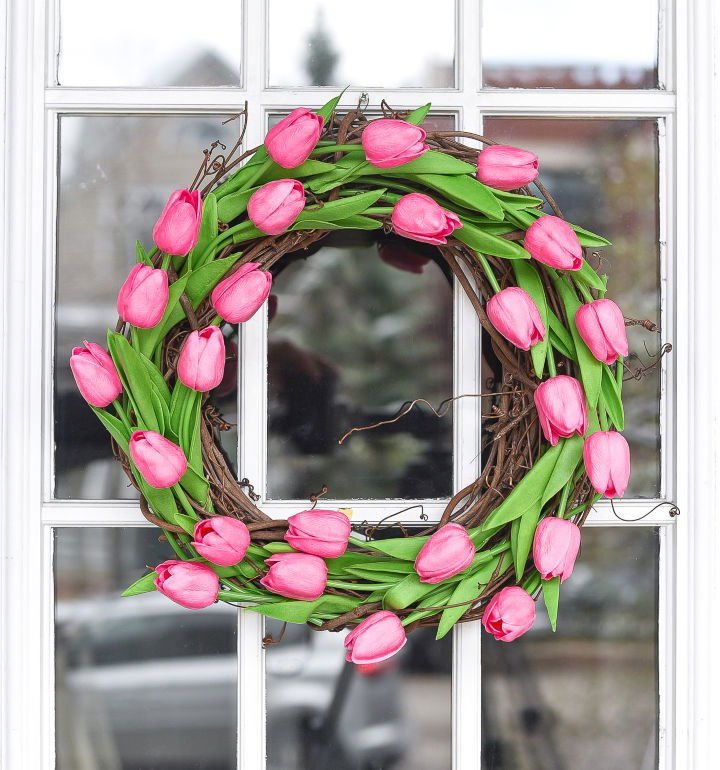 25 DIY Spring Wreath Ideas for Door (How to Make) 3 Pink Faux Tulip Spring Wreath