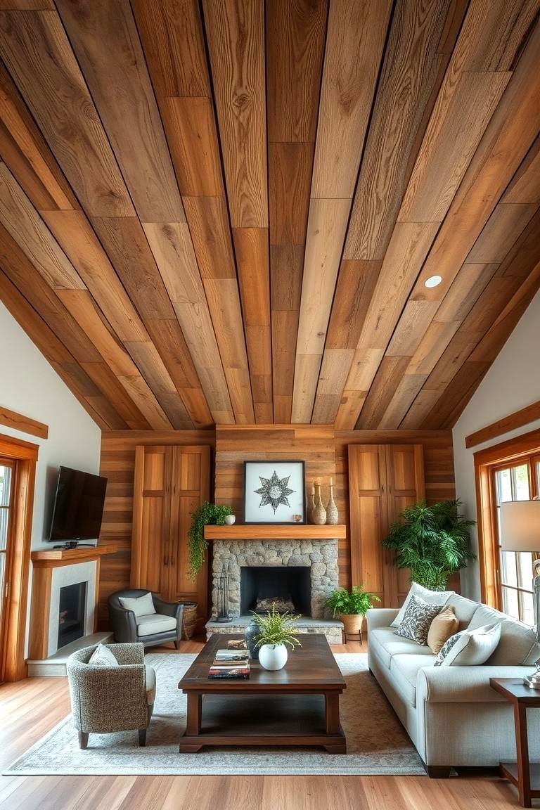24 Accent Ceiling Ideas to Elevate Your Room's Design 25 Reclaimed Wood Planks - 24 Accent Ceiling Ideas