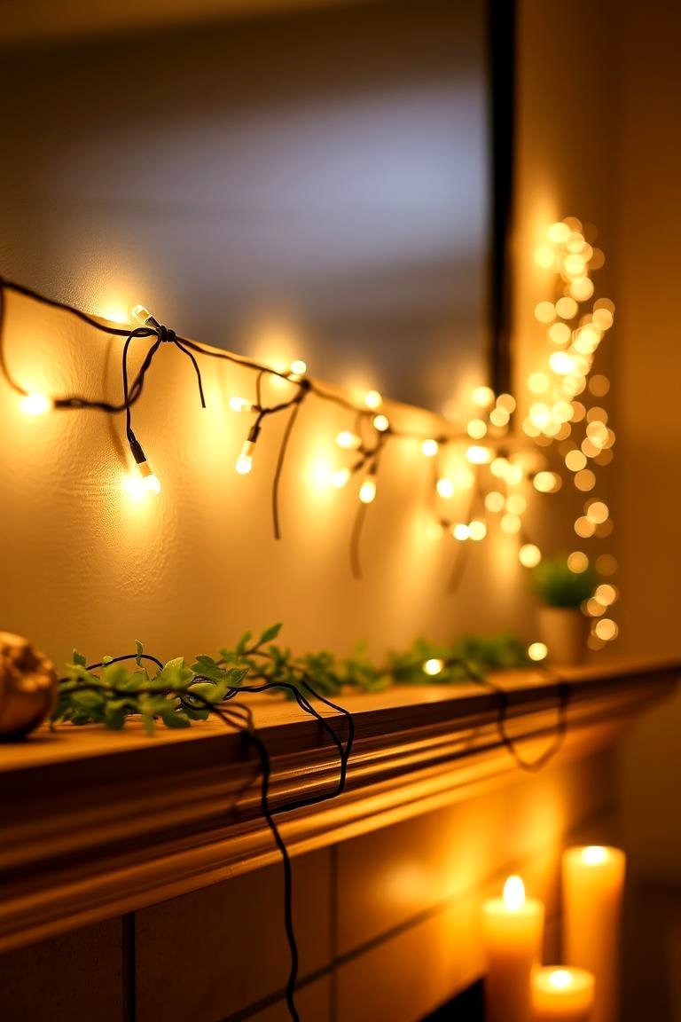 24 Spring Mantel Decor Ideas: Fresh Seasonal Displays 16 Soft Lighting with String Lights - 24 Spring Mantel Decor Ideas