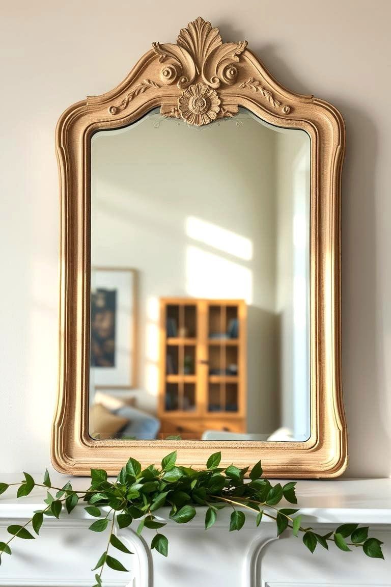 24 Spring Mantel Decor Ideas: Fresh Seasonal Displays 8 Vintage Mirror with a Spring Frame - 24 Spring Mantel Decor Ideas