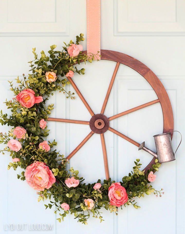 25 DIY Spring Wreath Ideas for Door (How to Make) 7 Wagon Wheel Farmhouse Style Wreath