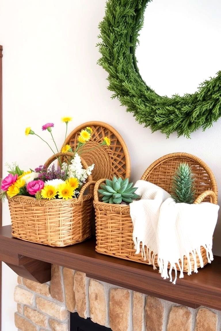 24 Spring Mantel Decor Ideas: Fresh Seasonal Displays 4 Woven Baskets for Storage and Style - 24 Spring Mantel Decor Ideas