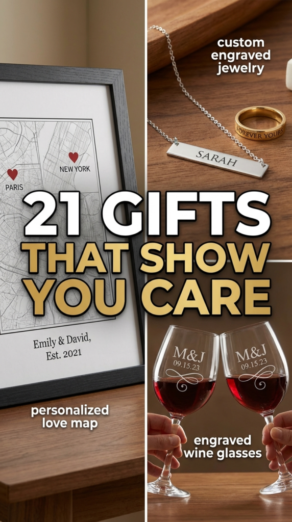 21 Personalized Valentines Day Gifts to Show You Care 1 A beautiful collection of various personalized Valentine's Day gifts including custom jewelry, a photo album, and a heart-shaped ornament.