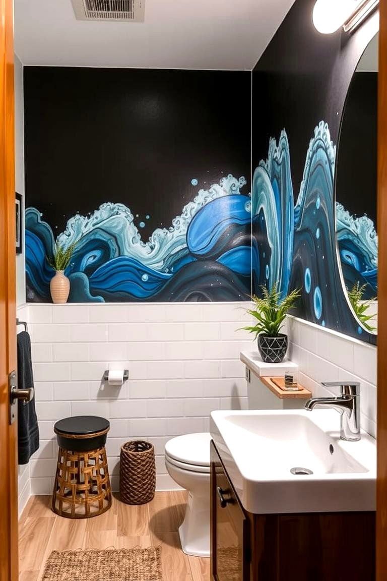 24 Black & Blue Bathroom Ideas for Bold Modern Designs 13 Artistic Expression Through Mural Accents - 24 black and blue bathroom ideas