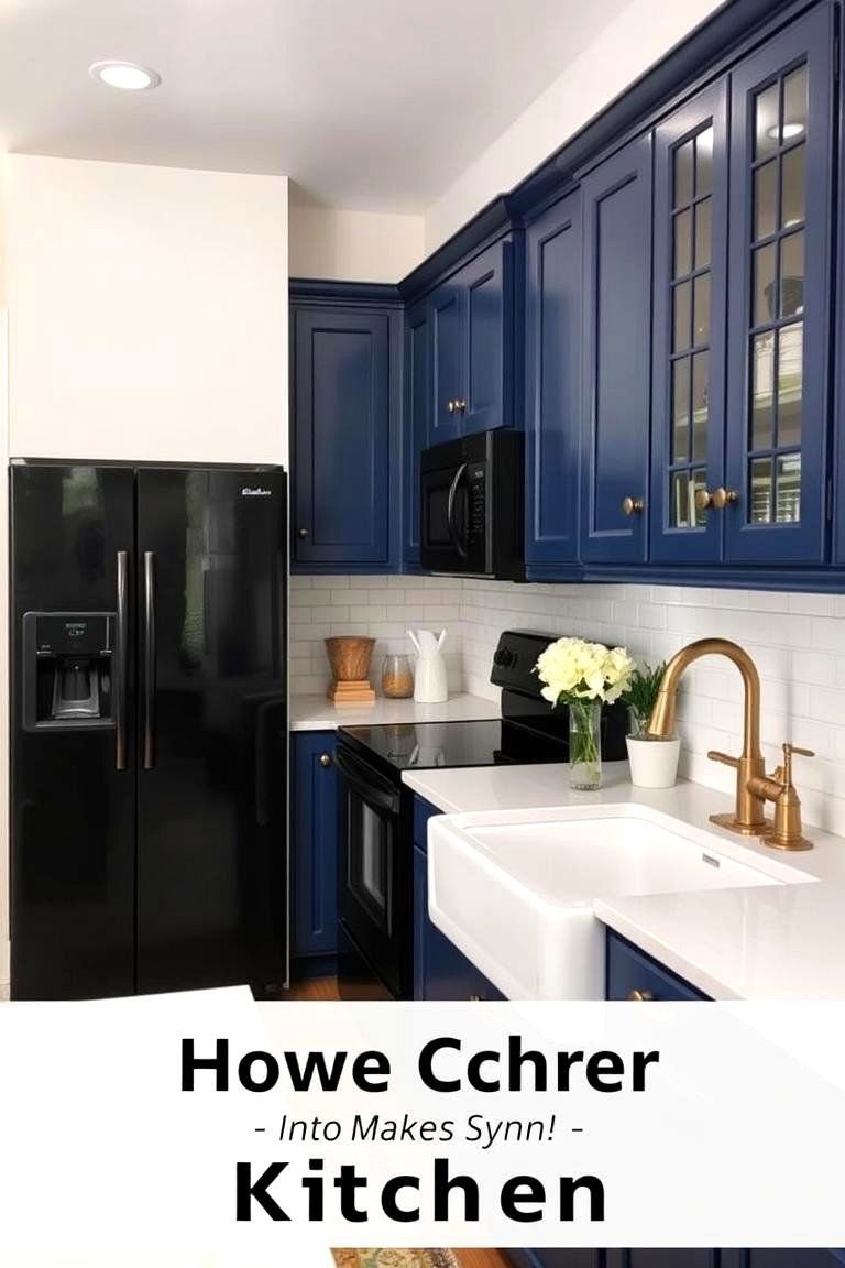 24 Cabinet Colors That Pair Beautifully With Black Appliances 6 Coastal Charm with Navy Blue Cabinets - 24 What Color Cabinets Go With Black Appliances
