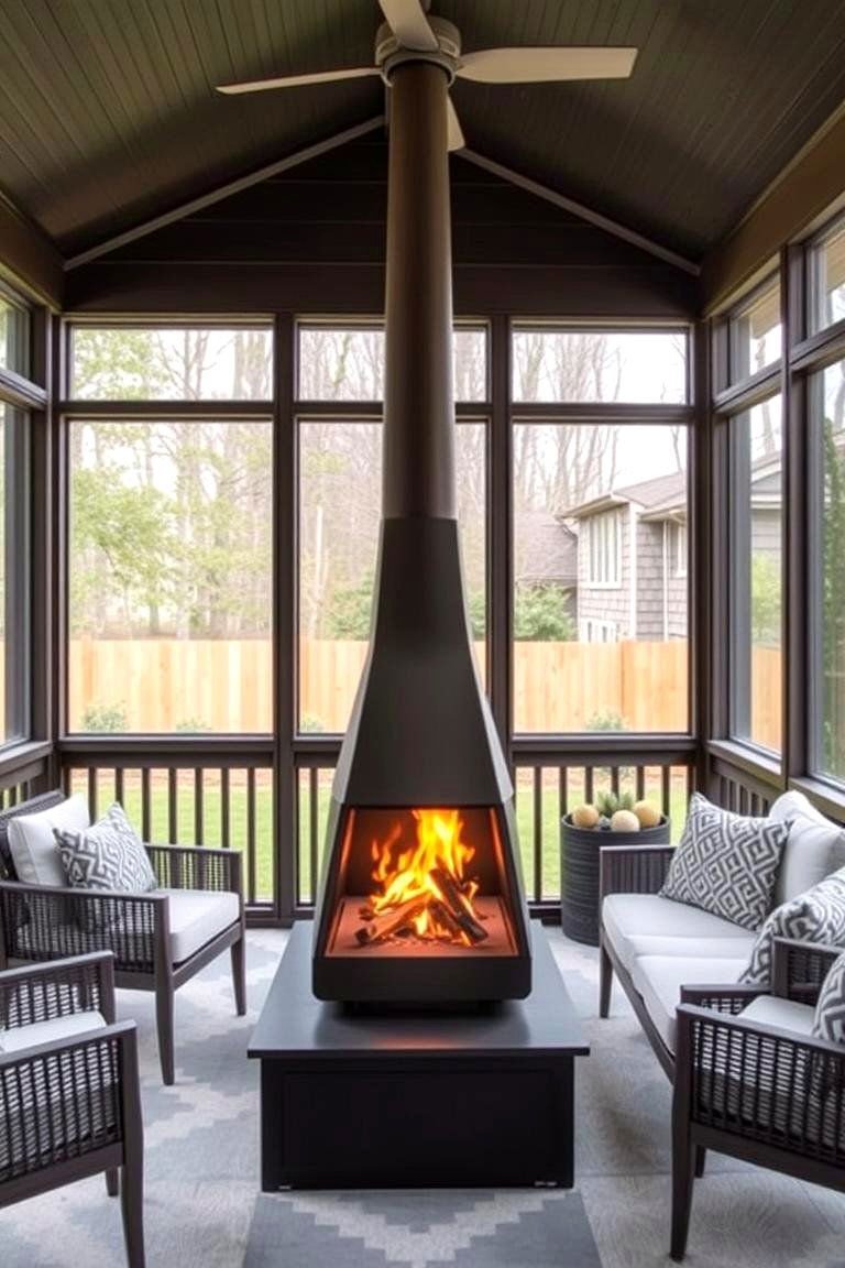 24 Screened-in Porch With Fireplace Ideas for All Seasons 18 Contemporary Freestanding Fireplace Design - 24 Screened-in Porch With Fireplace Ideas