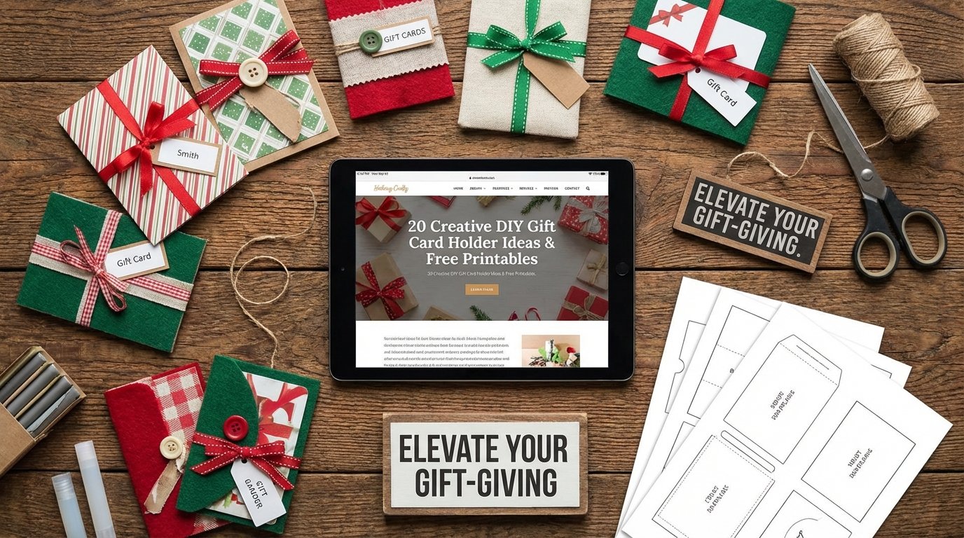 A collection of various handmade DIY gift card holders including a paper purse and taco-themed designs on a crafting surface.