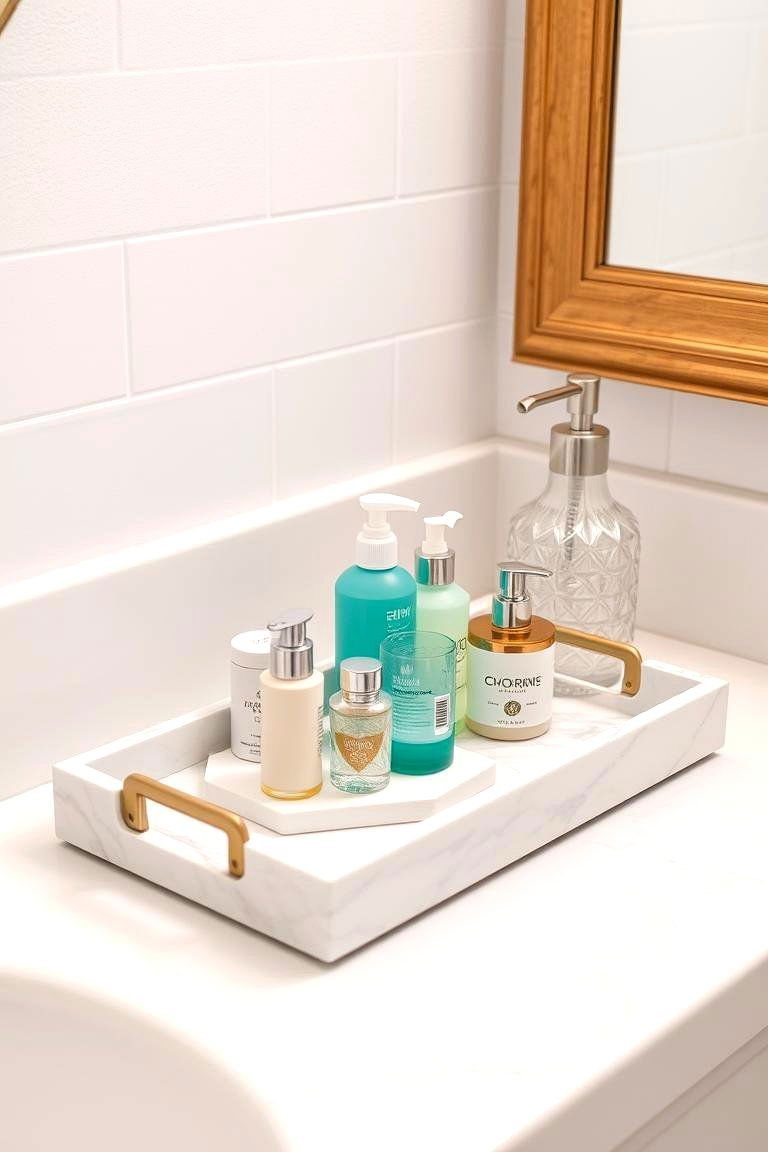 24 Small Bathroom Shelving Ideas to Maximize Storage 12 Decorative Trays on Existing Surfaces - 24 Small Bathroom Shelving Ideas