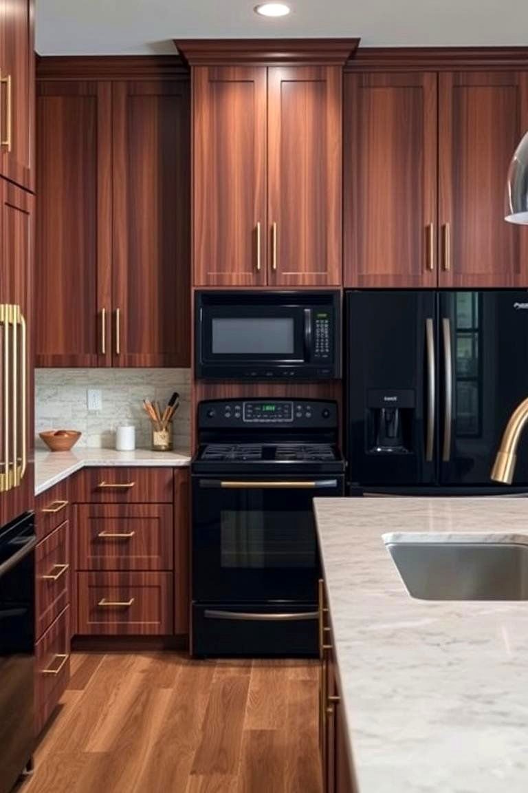 24 Cabinet Colors That Pair Beautifully With Black Appliances 17 Deep Sophistication of Walnut Wood Cabinets - 24 What Color Cabinets Go With Black Appliances