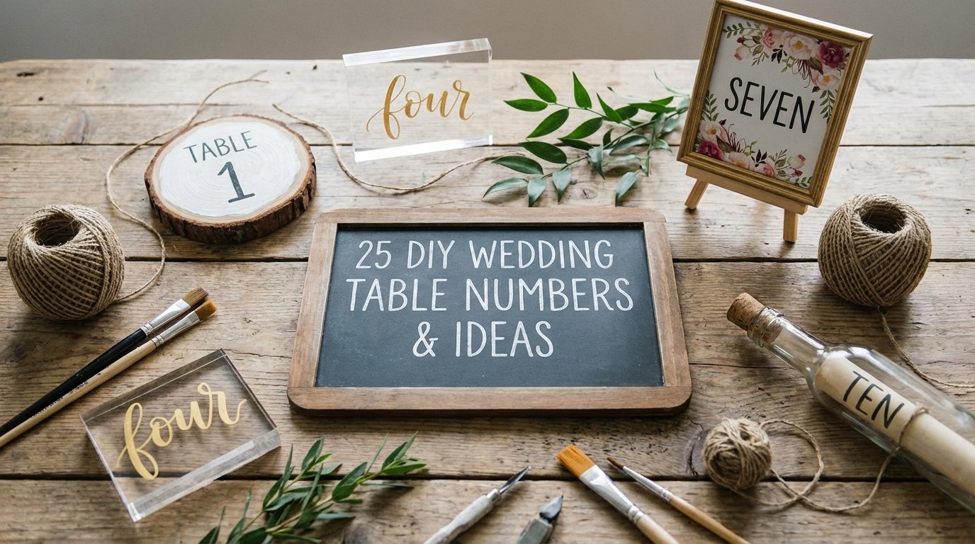 A collection of various handmade DIY wedding table numbers and holders in different styles.