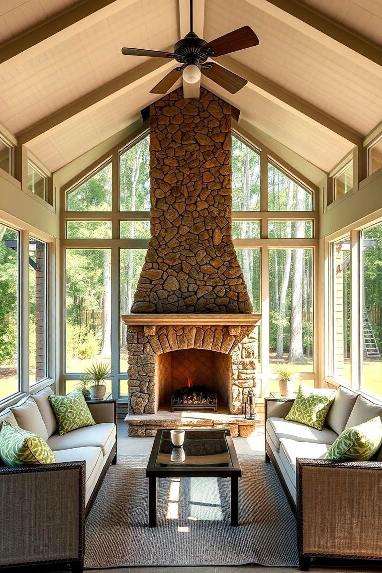24 Screened-in Porch With Fireplace Ideas for All Seasons 4 Double Sided Fireplace for Indoor Outdoor Enjoyment - 24 Screened-in Porch With Fireplace Ideas