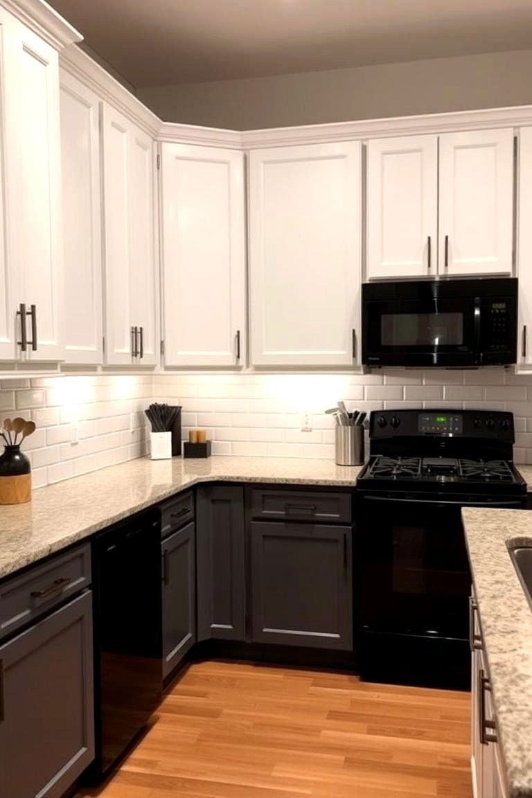 24 Cabinet Colors That Pair Beautifully With Black Appliances 22 Dynamic Design with Two Tone Cabinets - 24 What Color Cabinets Go With Black Appliances