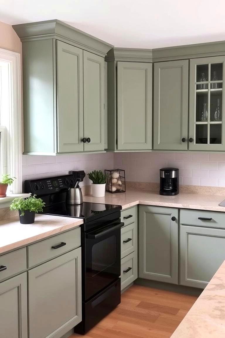 24 Cabinet Colors That Pair Beautifully With Black Appliances 9 Earthy Harmony with Sage Green Cabinets - 24 What Color Cabinets Go With Black Appliances