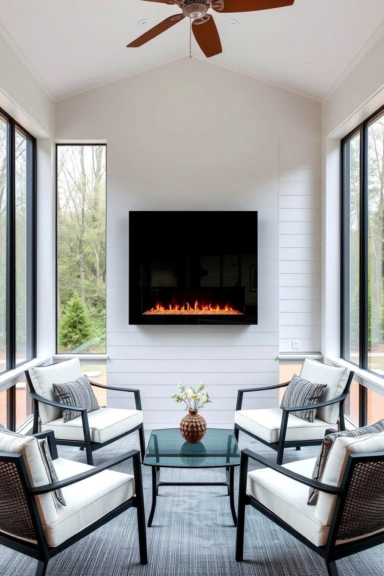 24 Screened-in Porch With Fireplace Ideas for All Seasons 16 Electric Fireplace for Convenience and Safety - 24 Screened-in Porch With Fireplace Ideas