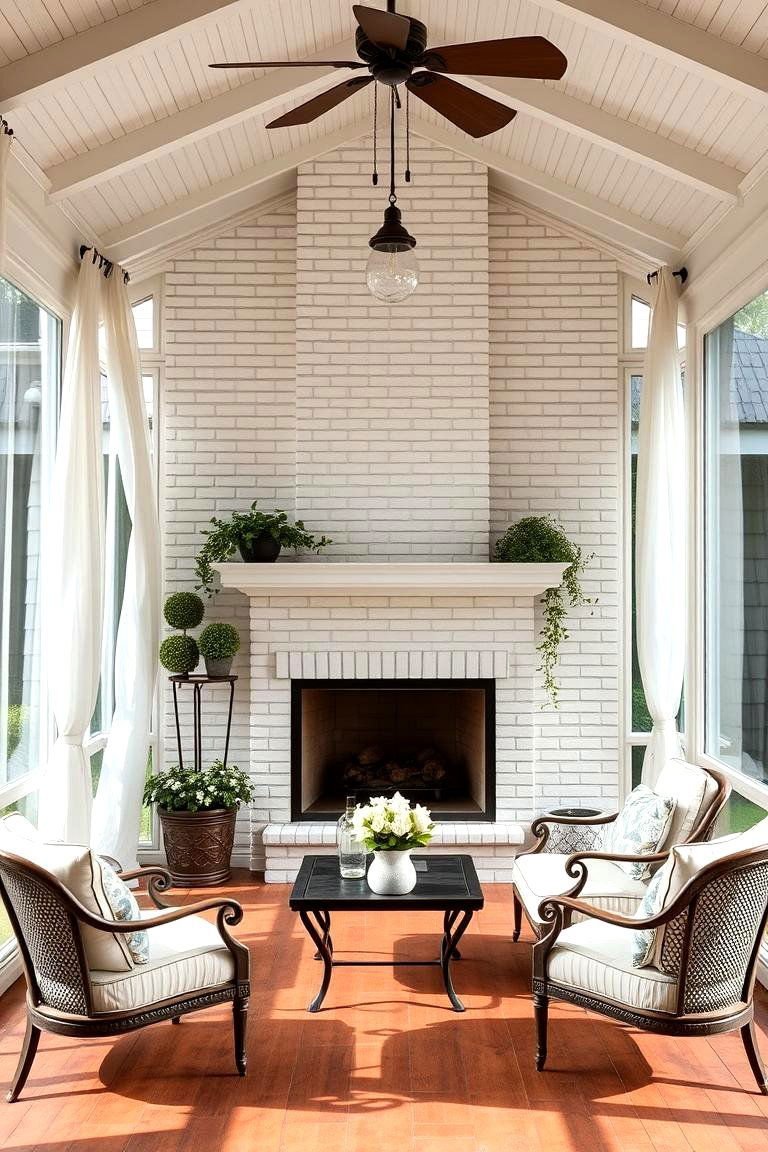 24 Screened-in Porch With Fireplace Ideas for All Seasons 9 Elegant White Brick Fireplace - 24 Screened-in Porch With Fireplace Ideas