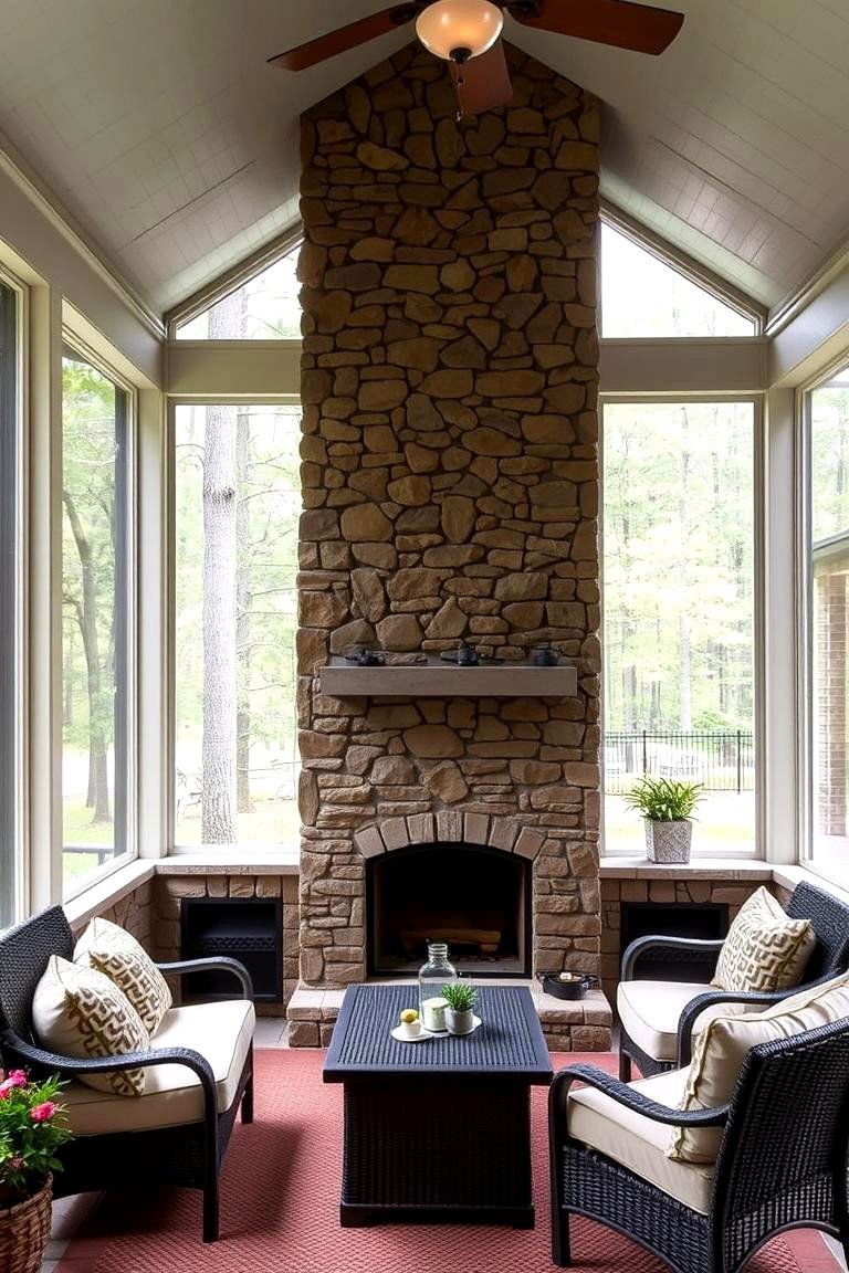 24 Screened-in Porch With Fireplace Ideas for All Seasons 23 Fireplace Designed as a Privacy Wall Feature - 24 Screened-in Porch With Fireplace Ideas