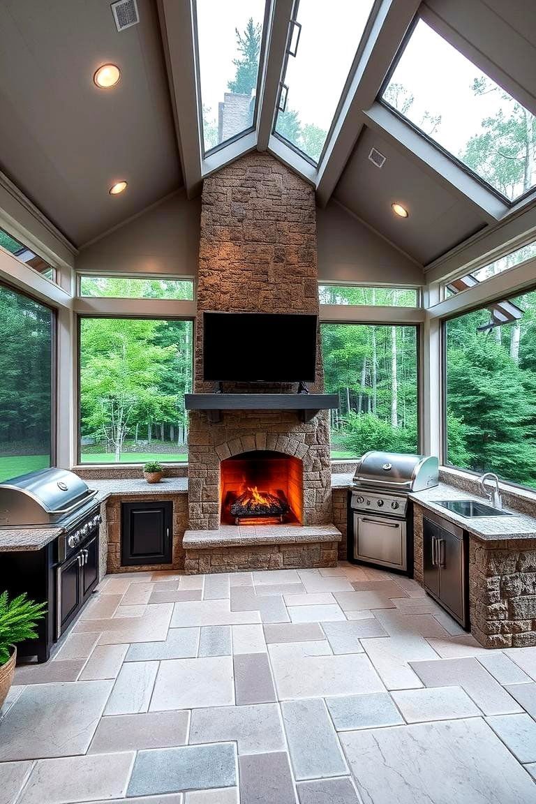 24 Screened-in Porch With Fireplace Ideas for All Seasons 12 Fireplace Integrated into an Outdoor Kitchen Setup - 24 Screened-in Porch With Fireplace Ideas